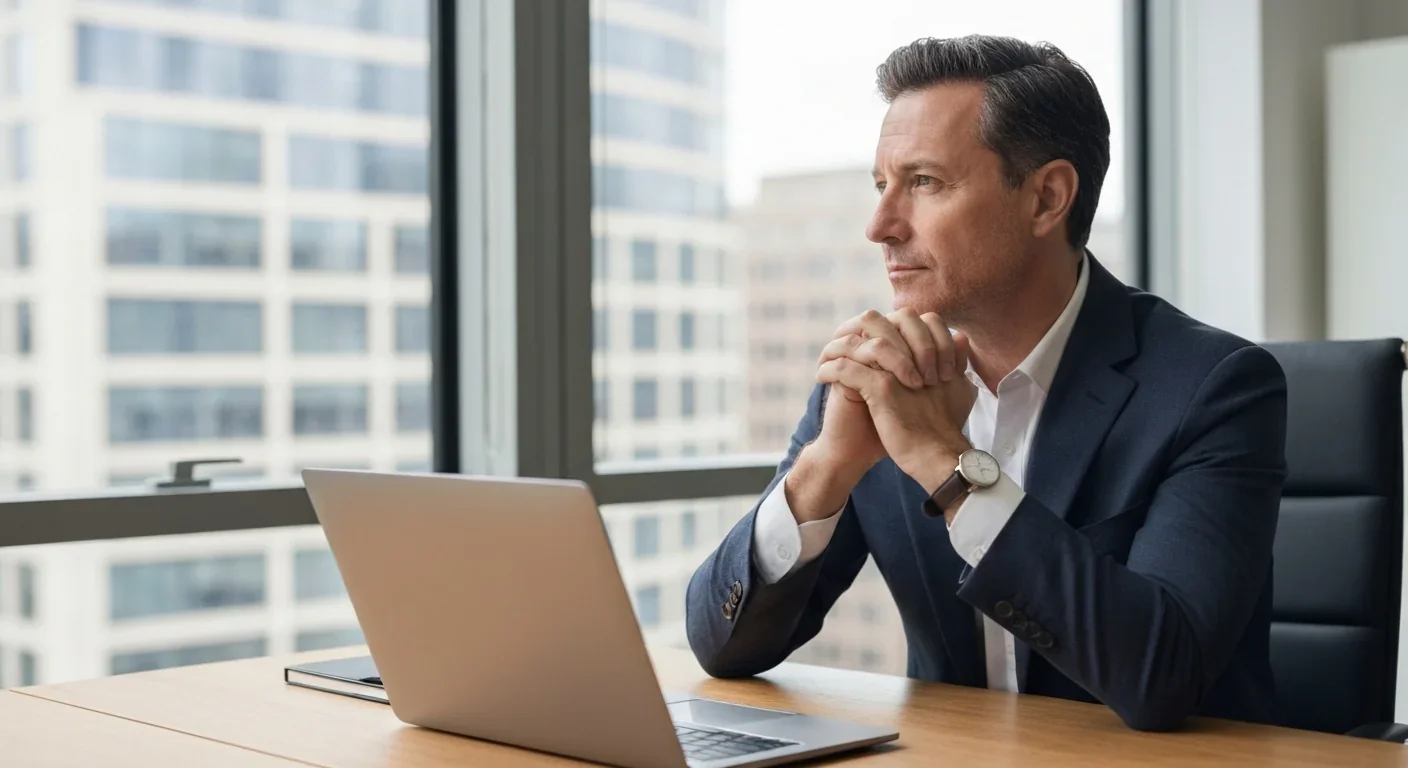Professional sitting quietly at desk looking out window while deliberating a decision