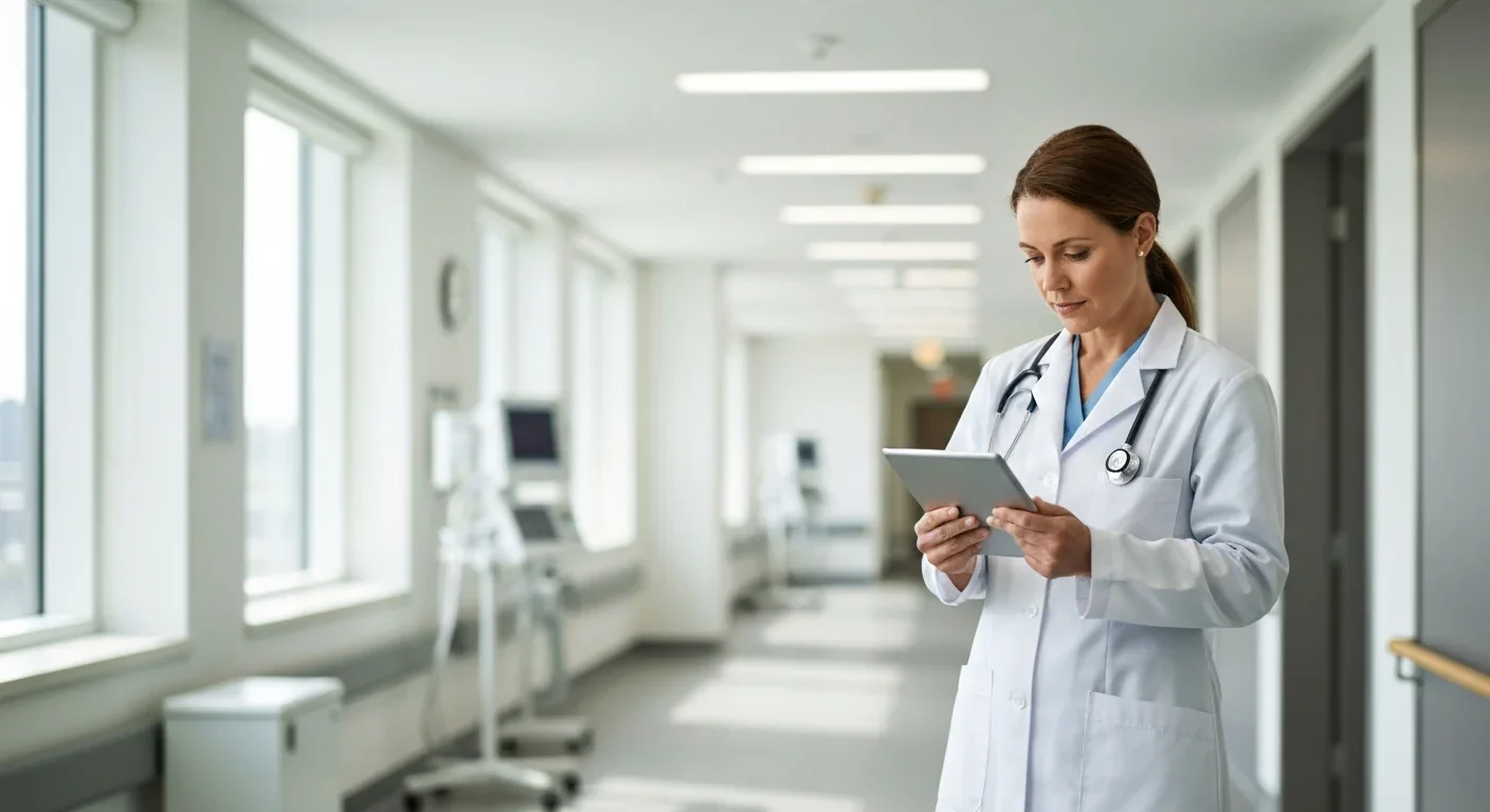 Doctor carefully reviewing patient data on a tablet in a hospital corridor