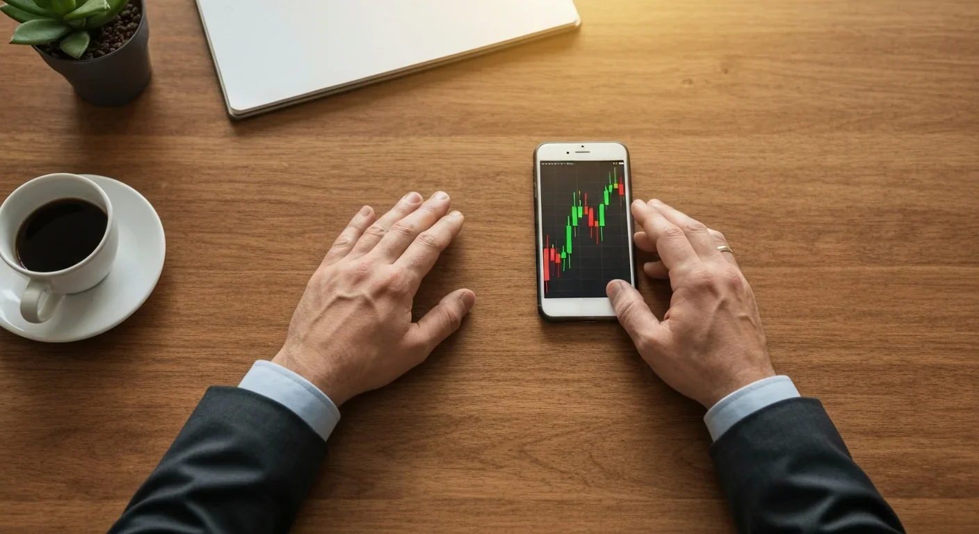 Calm hands resting near a phone displaying stock market data alongside a coffee cup