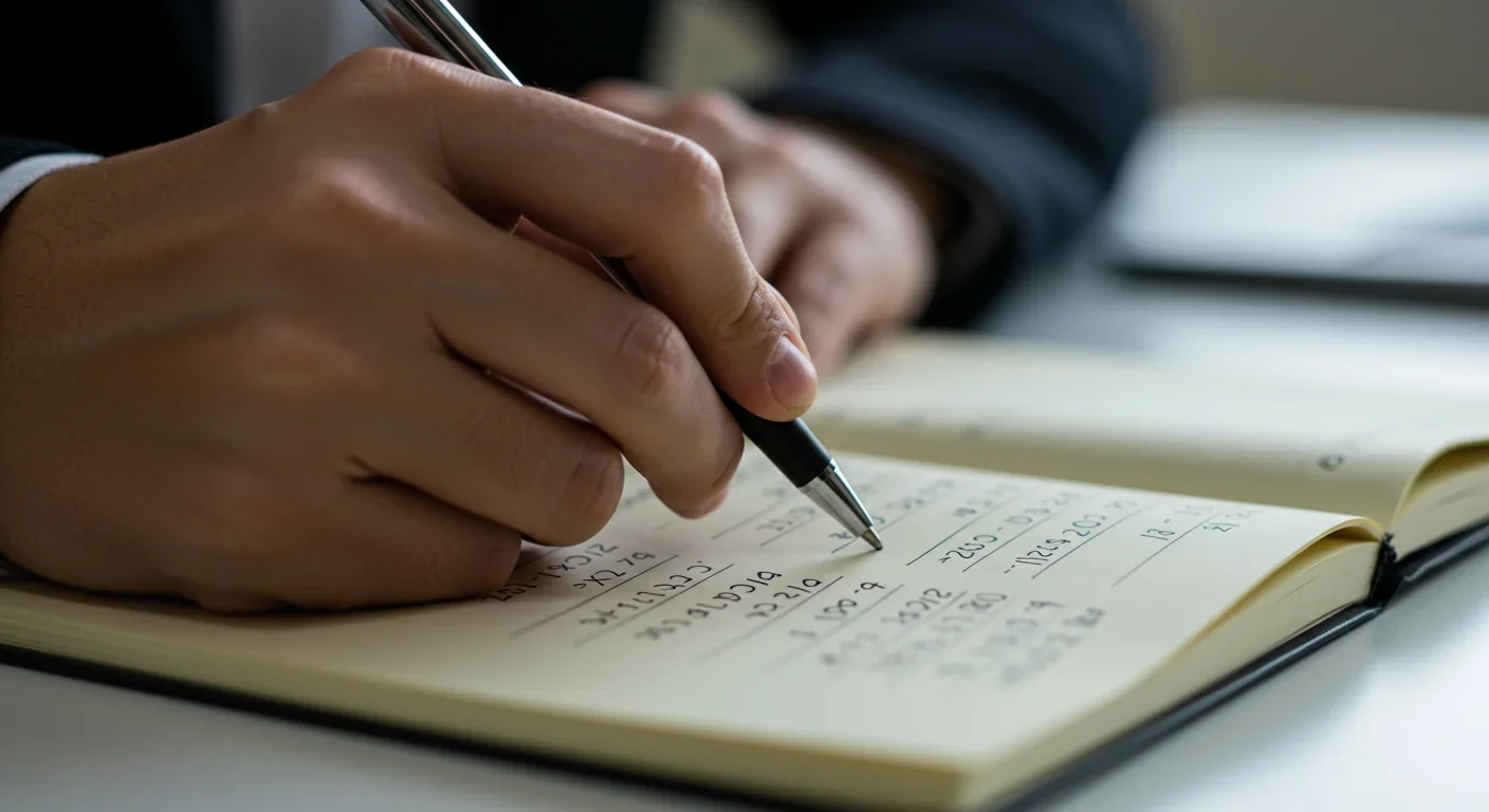 Hand writing financial figures on notepad during negotiation