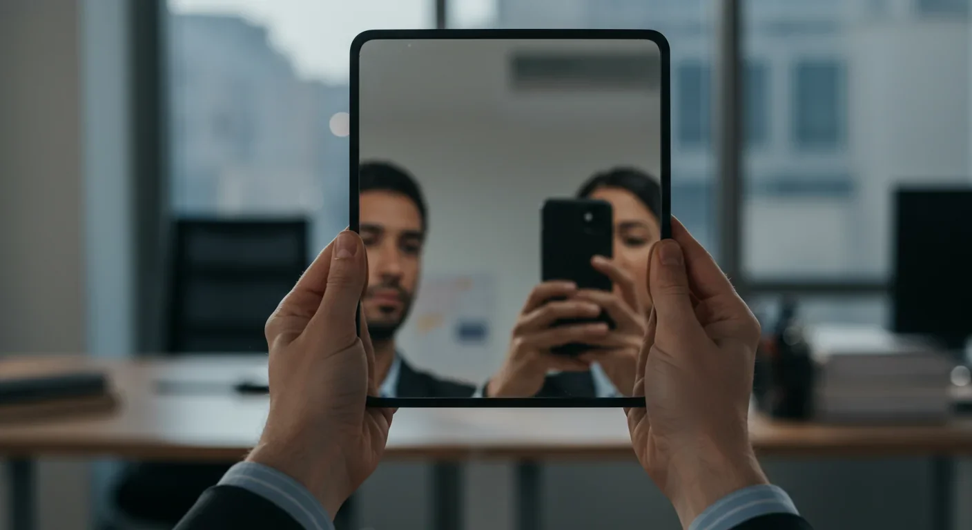 Person holding mirror reflecting their face in office setting symbolizing professional self-awareness and identity reflection