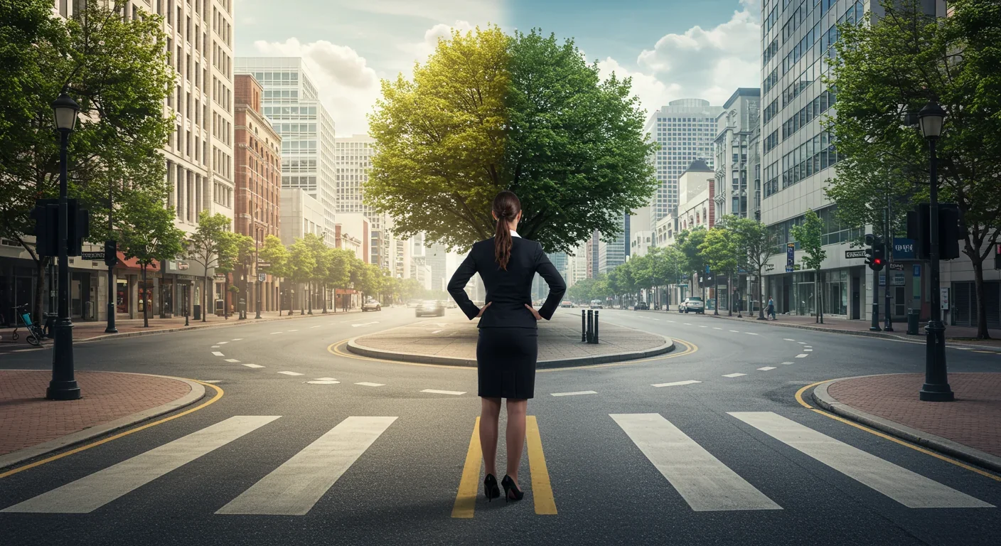Professional woman at urban crossroads choosing between traditional corporate path and creative startup environment