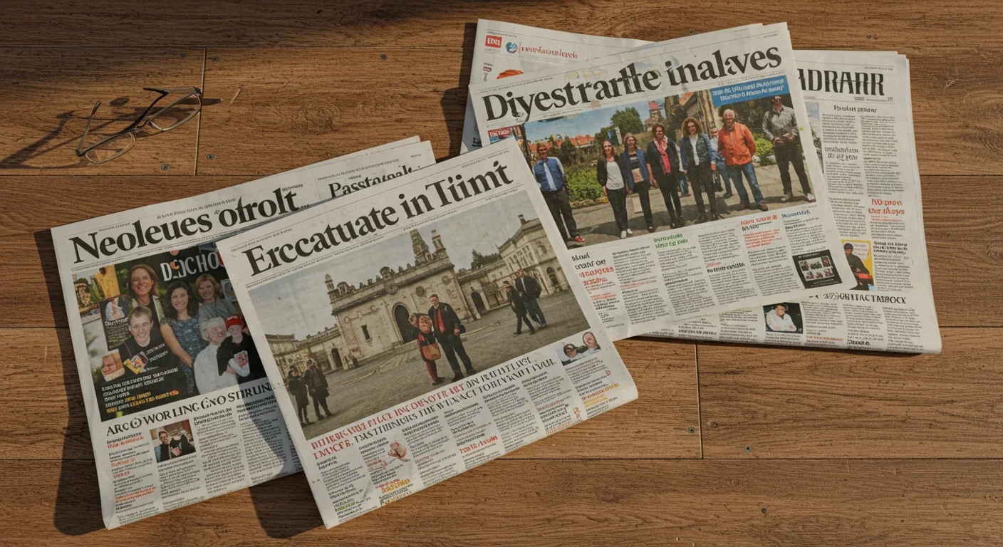Multiple newspapers displaying repeated coverage of the same story