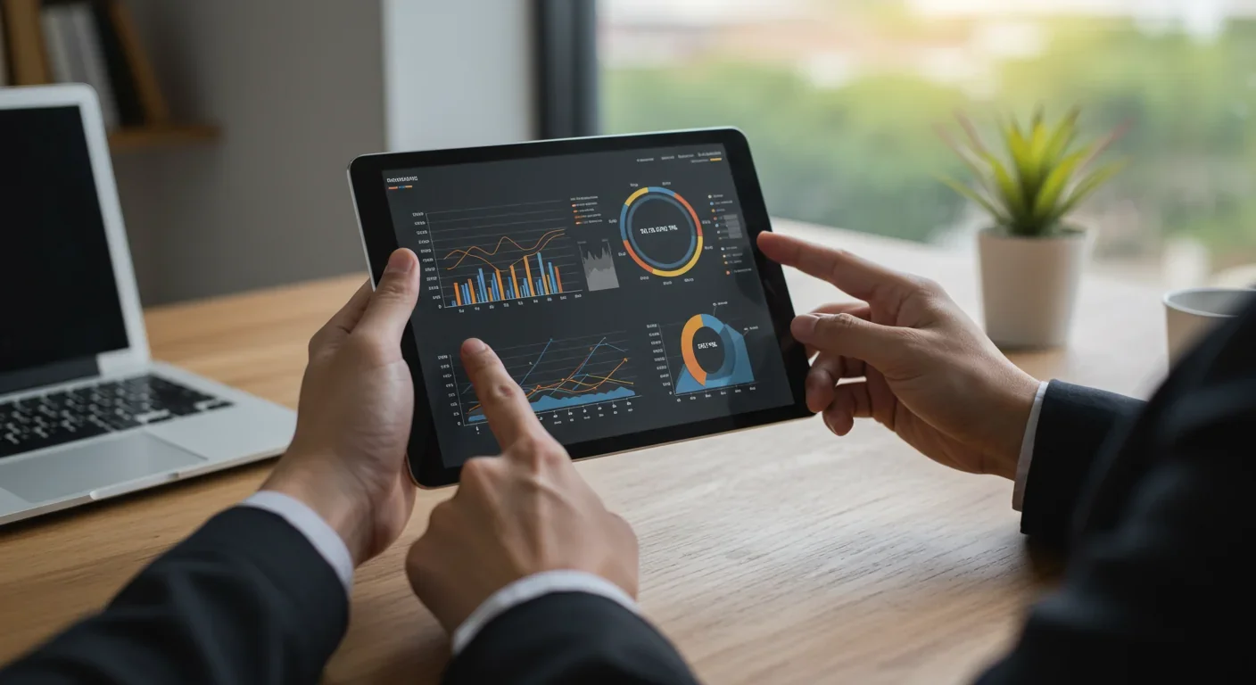 Tablet displaying statistical data and visualizations contrasting media coverage