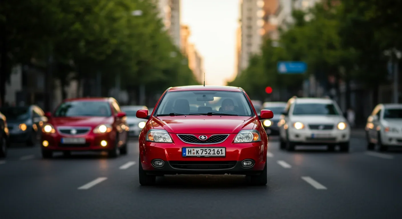 Busy street with red cars in focus demonstrating selective attention