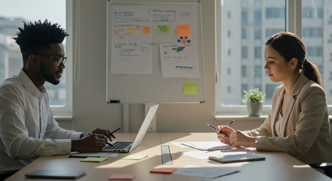 Two professionals collaborating and discussing ideas at conference table