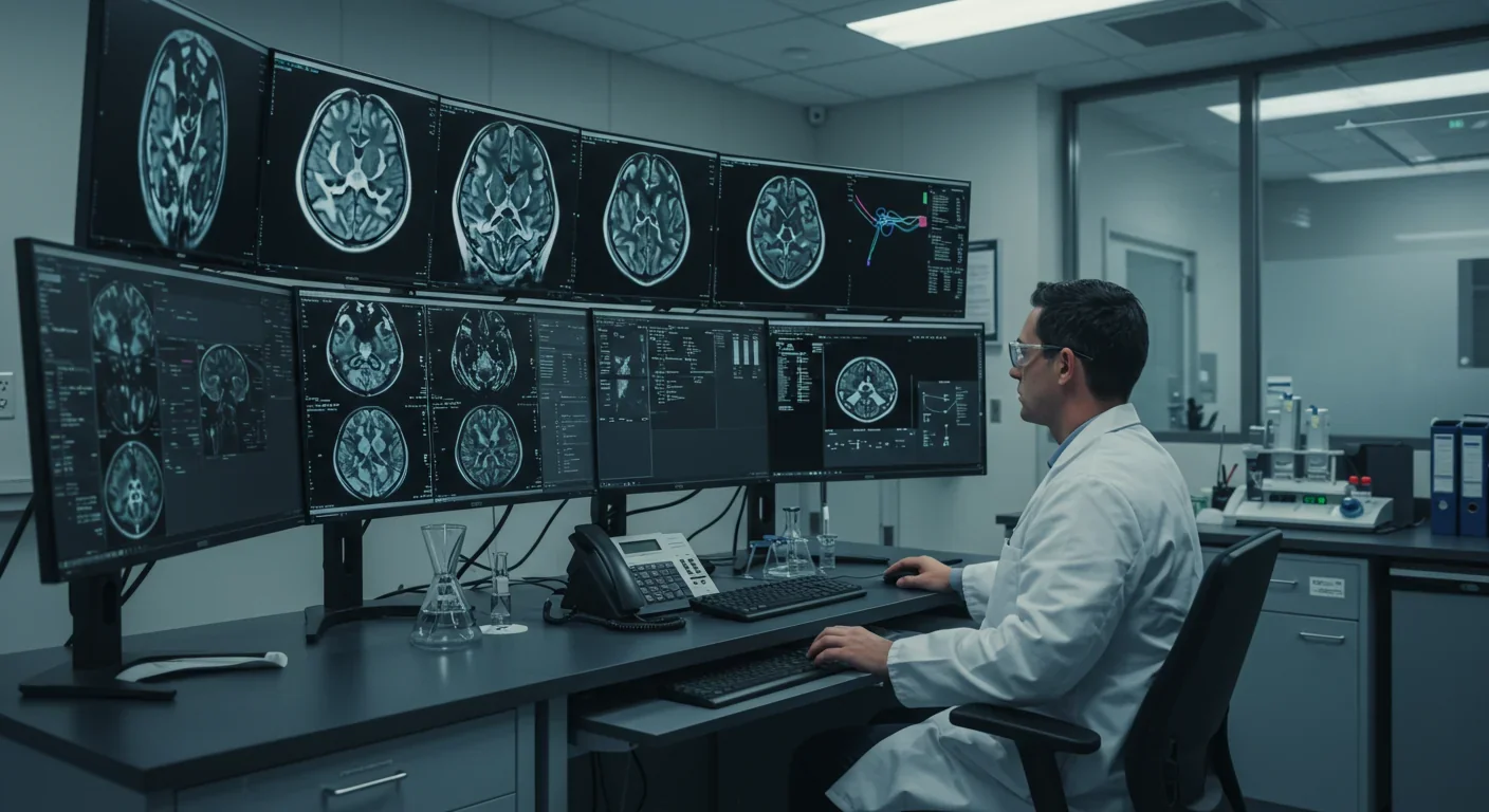 Neuroscientist analyzing fMRI brain scans showing prediction and error processing in neural networks