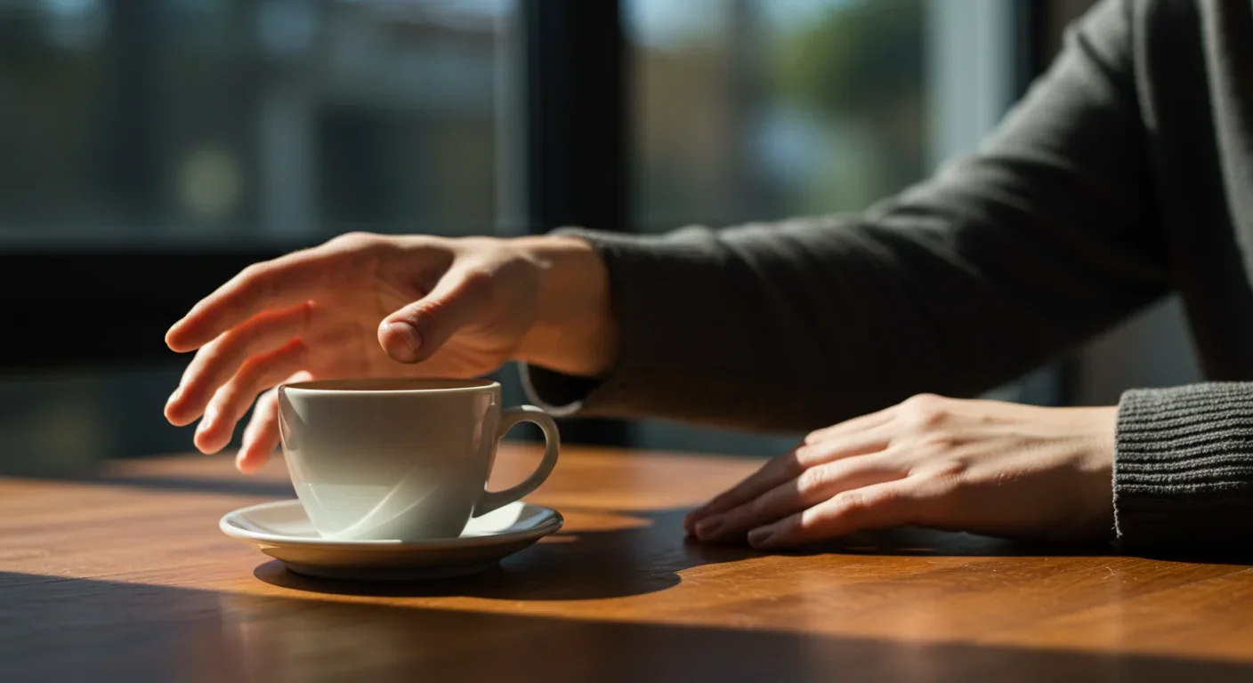 Hands reaching for coffee cup, demonstrating predictive motor control and sensory expectations in everyday action