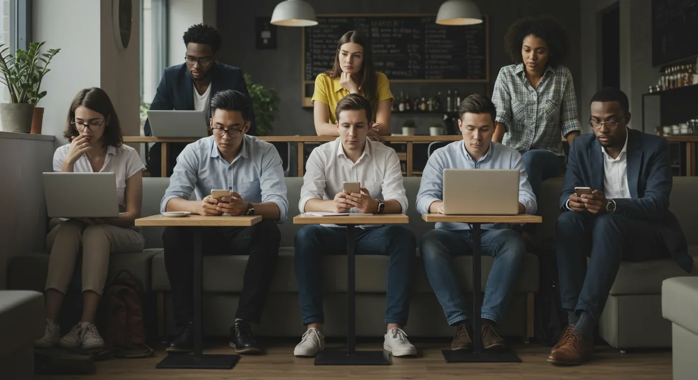 People in cafe exhibiting modern pattern-seeking and conspiracy-prone behavior