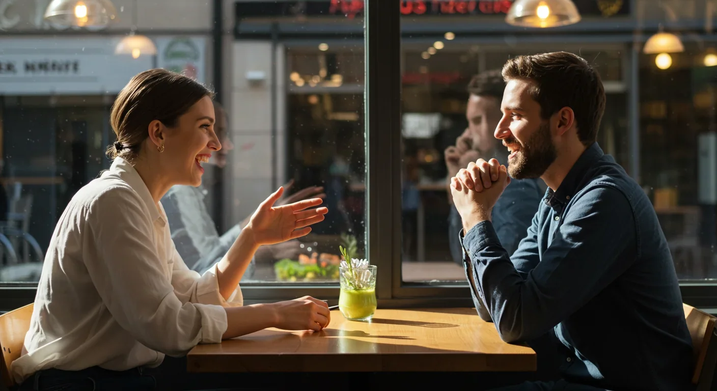 Two people naturally mirroring each other's expressions during face-to-face conversation