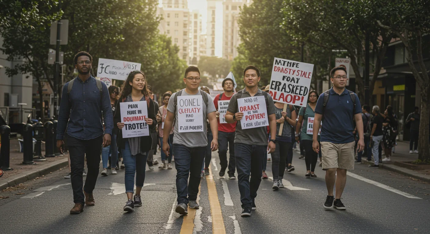 Diverse group participating in peaceful protest march on city street