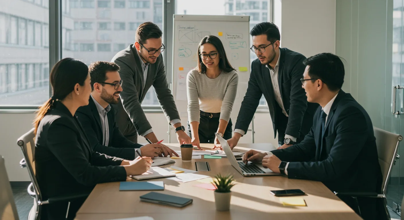 Small team collaborating during business meeting in modern office