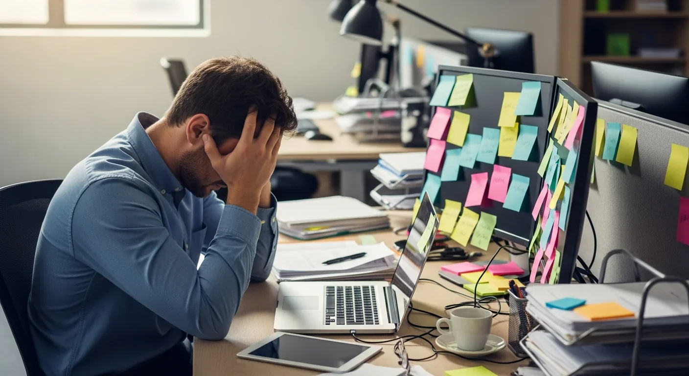 Overwhelmed office worker surrounded by sticky notes and unfinished tasks
