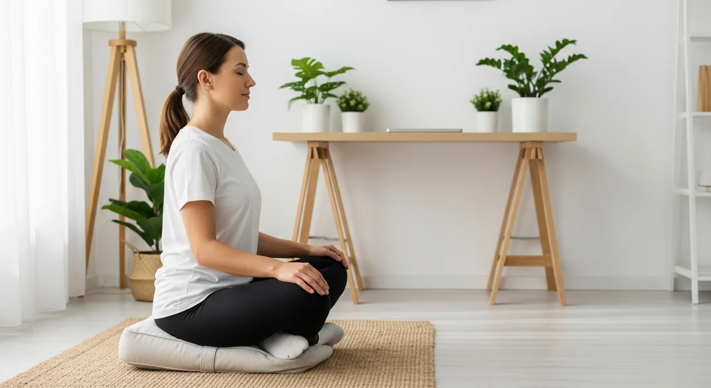 Person meditating in organized home office for mental clarity