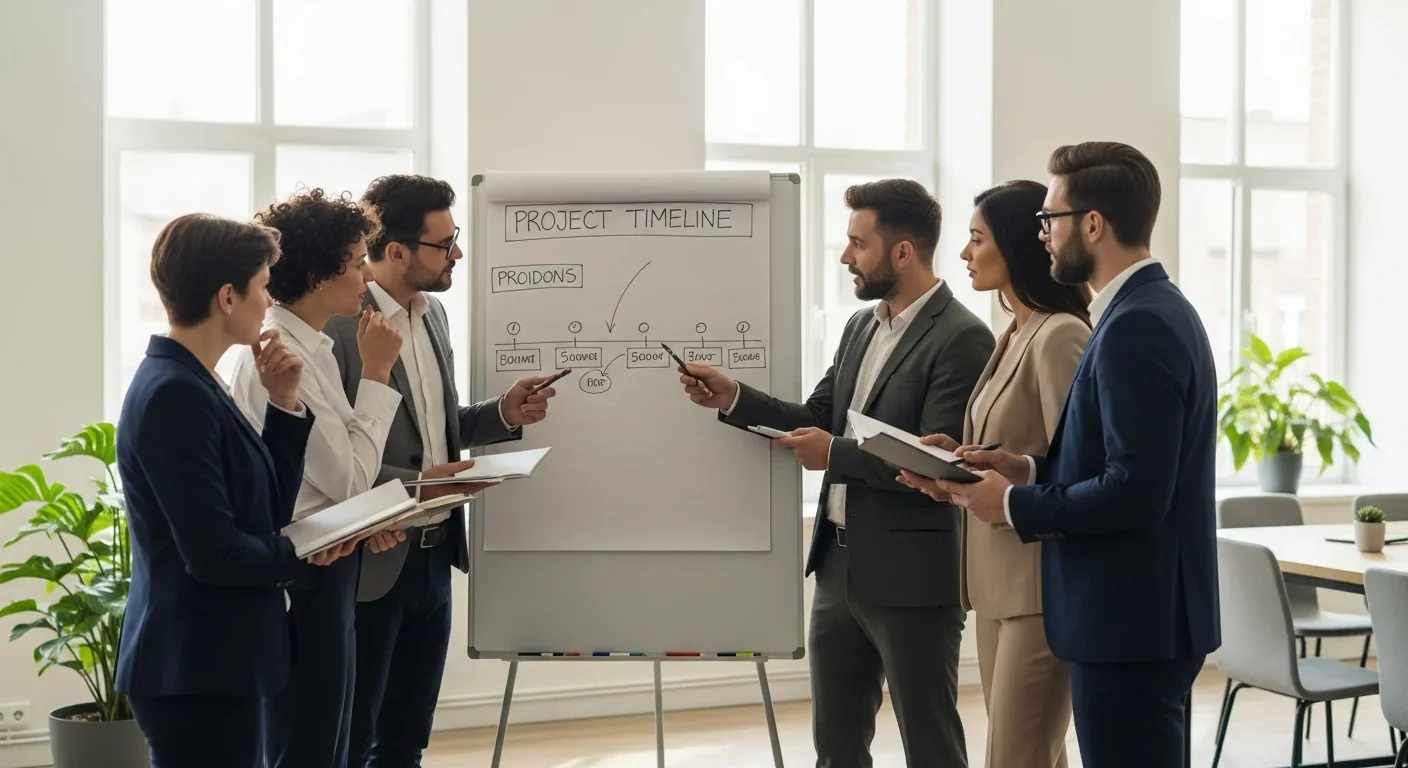Team collaborating on project timeline in modern office setting