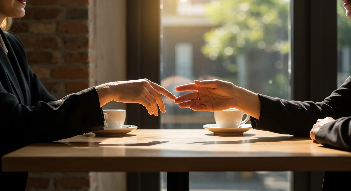 Two people's hands reaching toward each other across table suggesting restorative dialogue and reconciliation