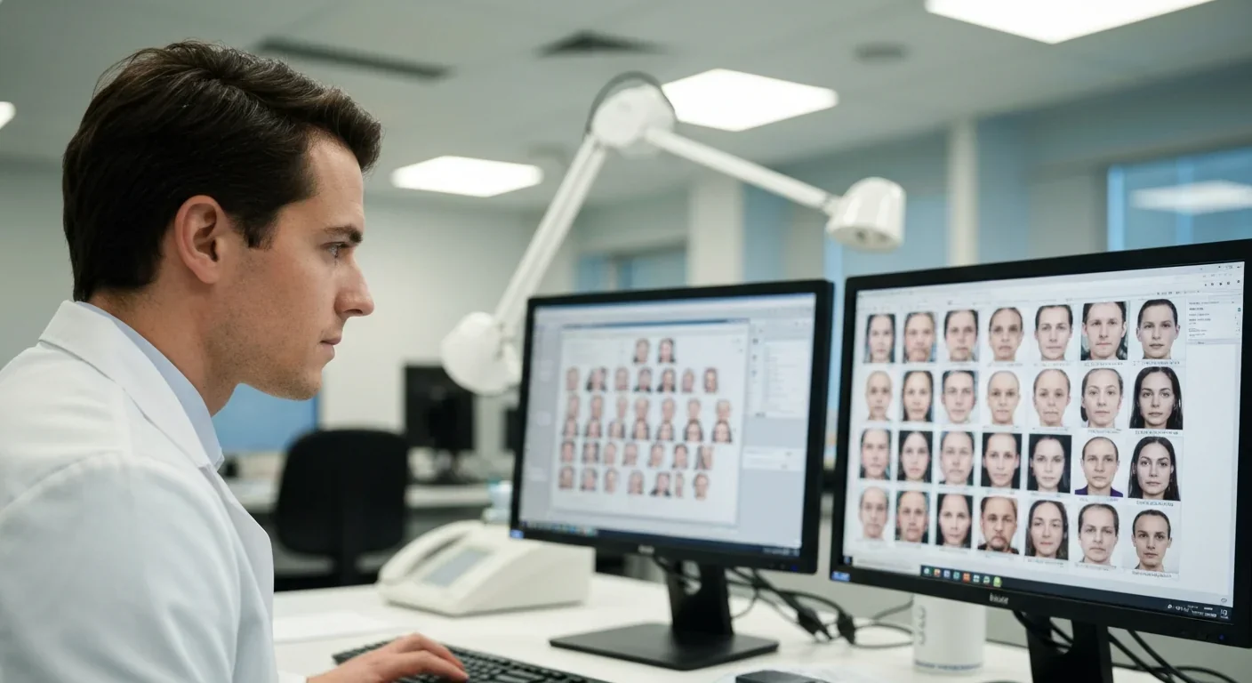 Researcher in lab coat studying facial photographs on a computer monitor in a neuroscience laboratory