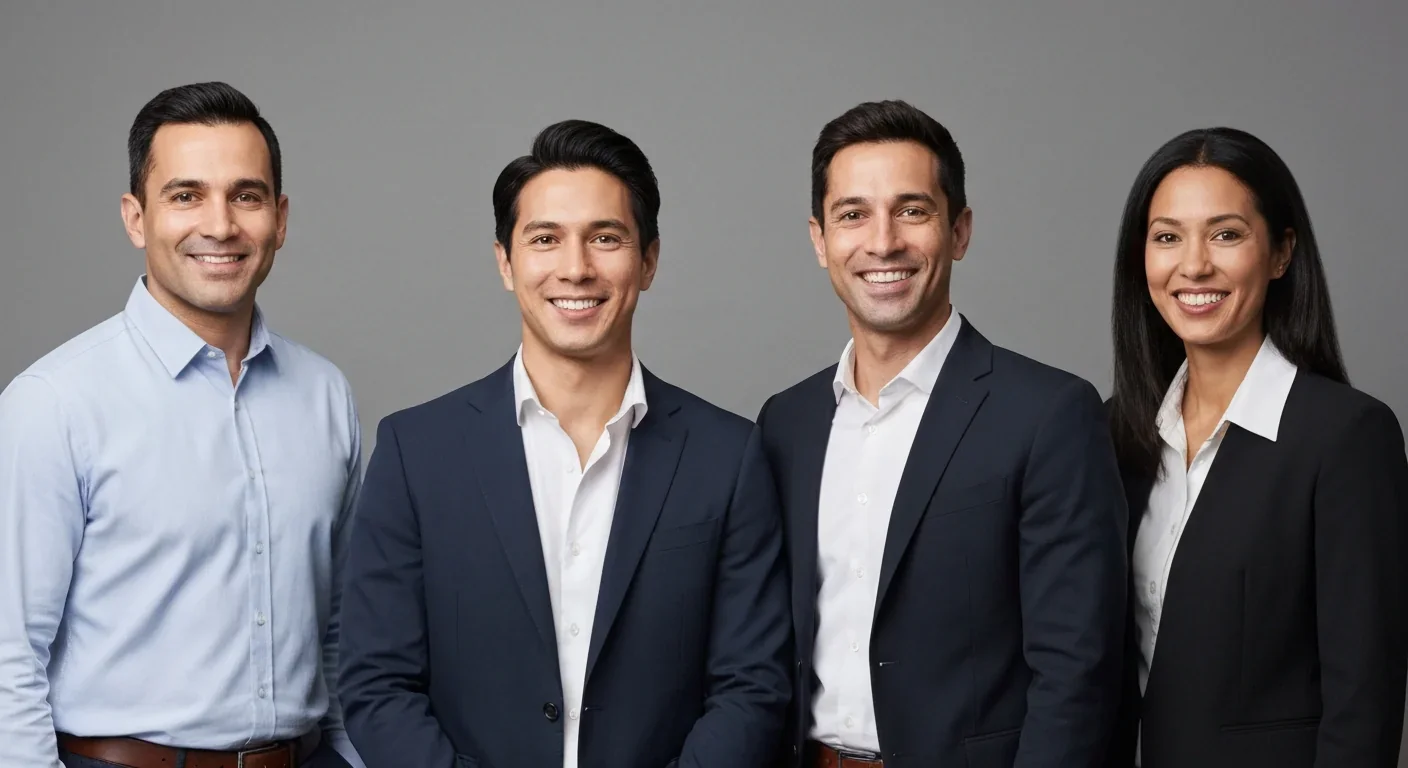 Three adult coworkers smiling together for a professional group headshot against a gray backdrop