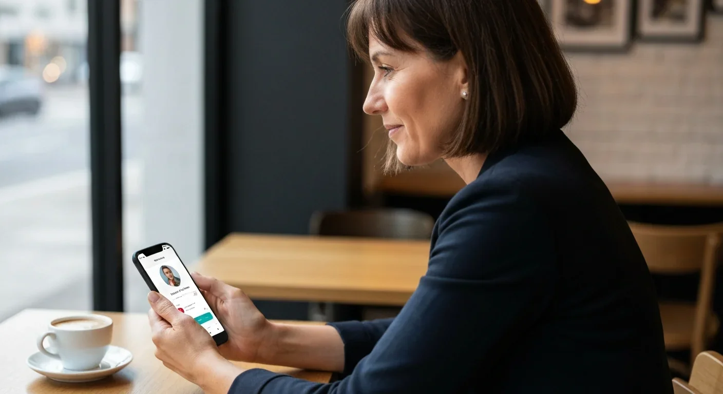 Adult woman at a cafe reviewing a dating app profile on her smartphone with natural window lighting