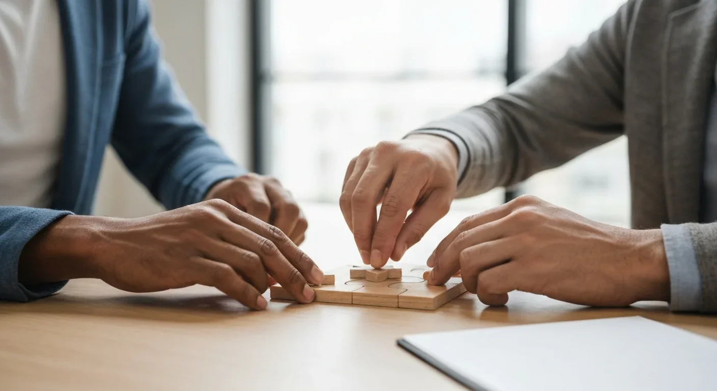Two hands of different skin tones collaborating on a puzzle
