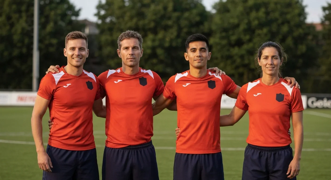 Multiracial sports team standing together in matching uniforms