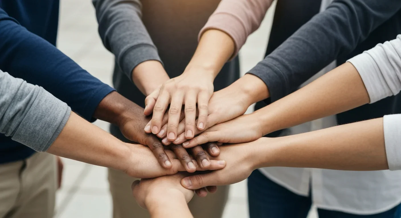Diverse hands joined together symbolizing unity and teamwork