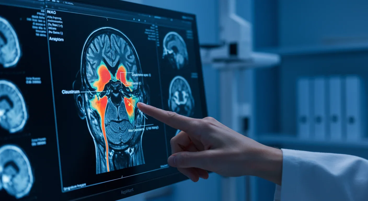 Brain scan showing neural regions activated during processing fluency, including medial prefrontal cortex highlighted on medical monitor