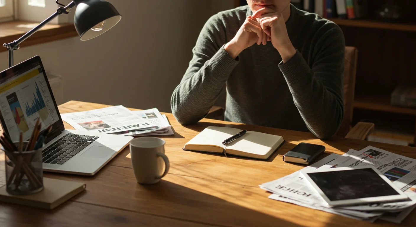 Person pausing to evaluate multiple information sources before forming belief, demonstrating critical thinking and awareness