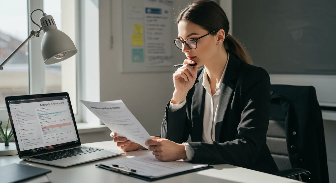 Manager conducting employee performance review with documents and laptop