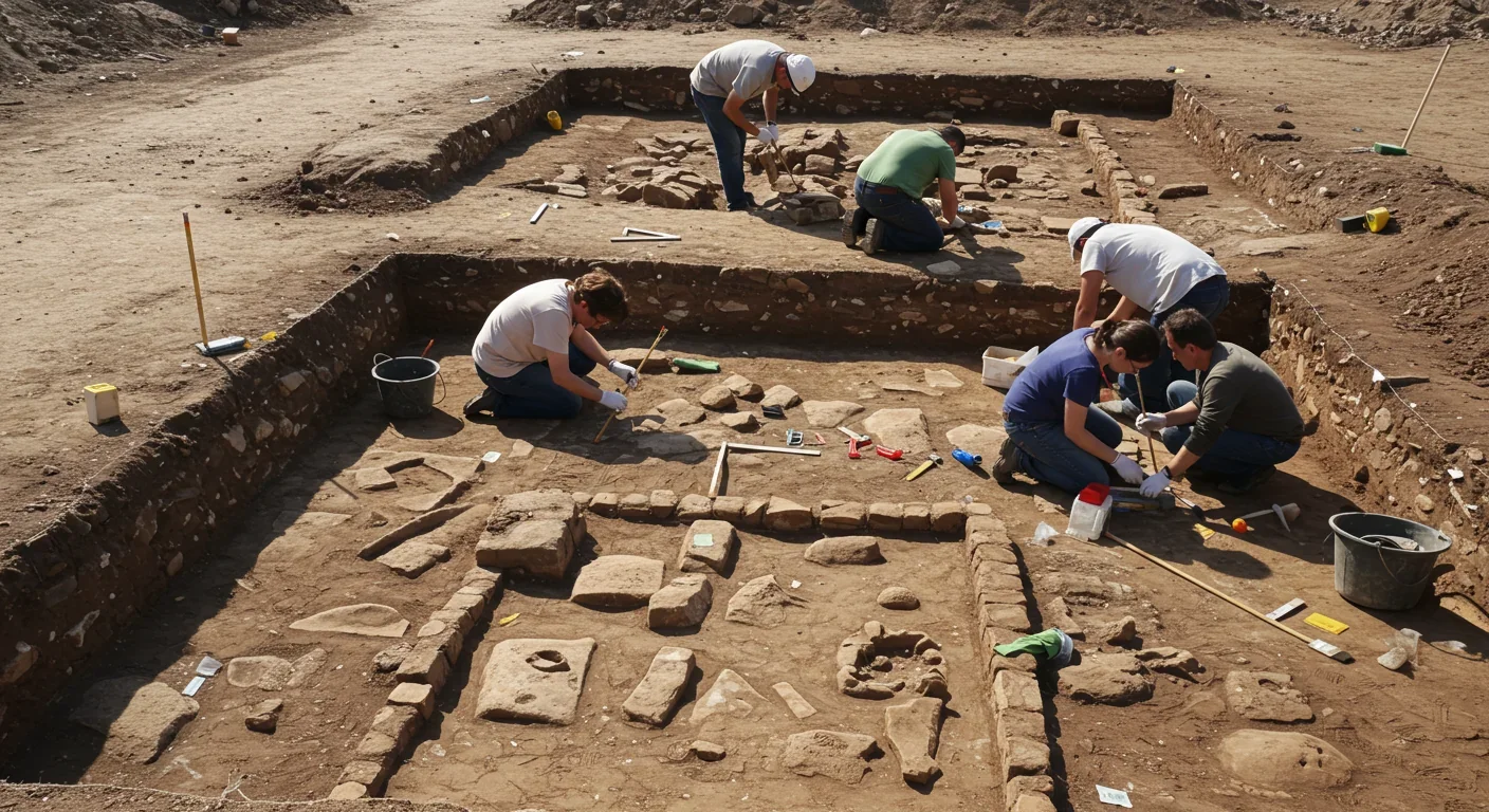 Ancient farmers working together on crops and irrigation in agricultural village