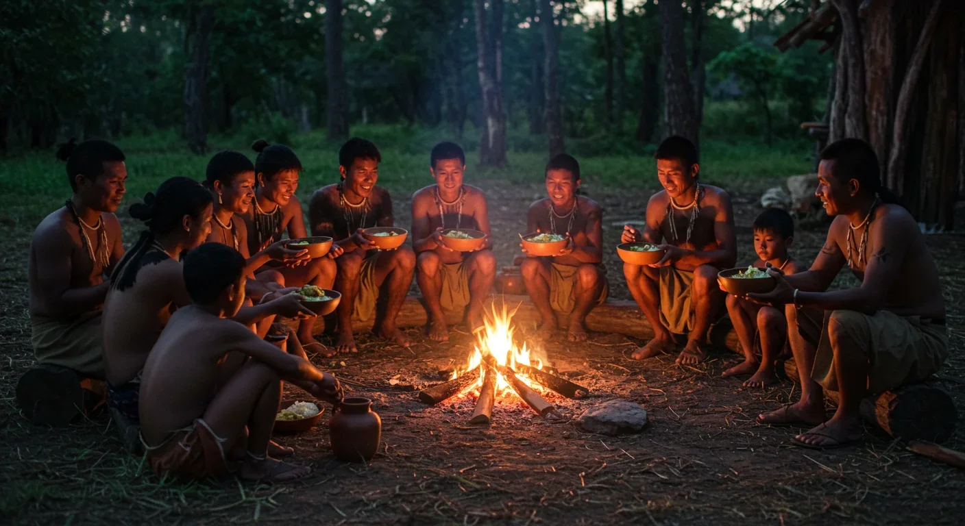 Hunter-gatherer community sharing food around campfire demonstrating traditional cooperation mechanisms