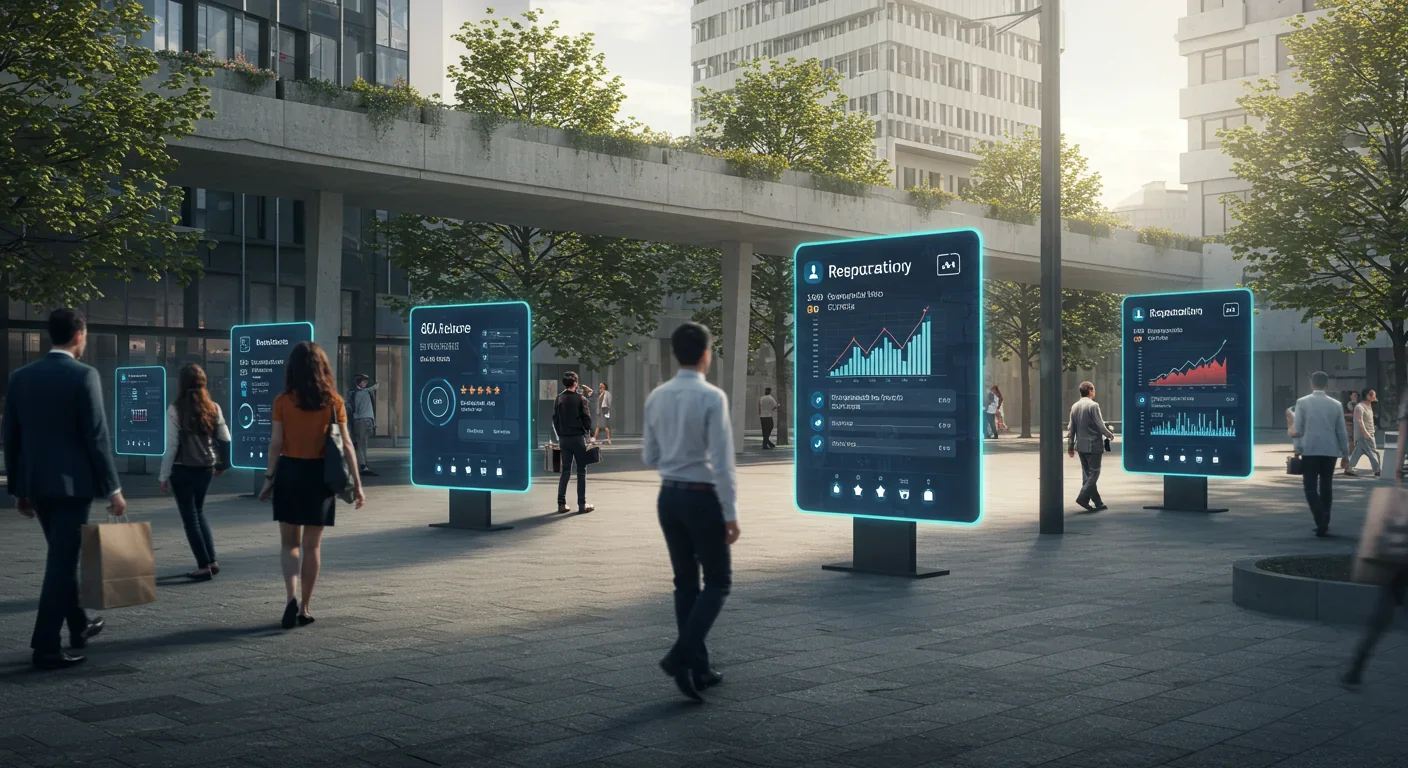Urban street scene with digital reputation systems displayed on public screens reflecting modern cooperation mechanisms