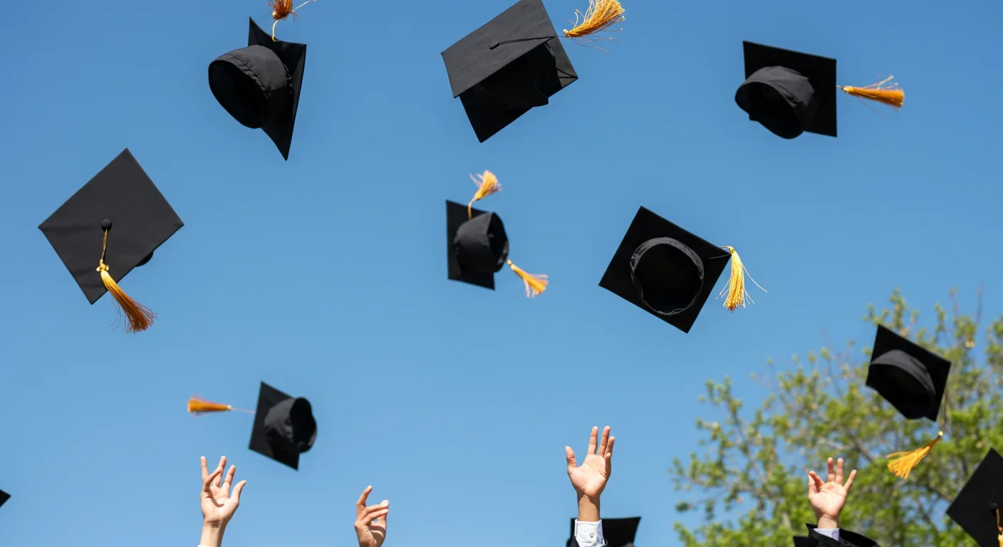 College graduation caps thrown in the air representing educational credentials as costly signals