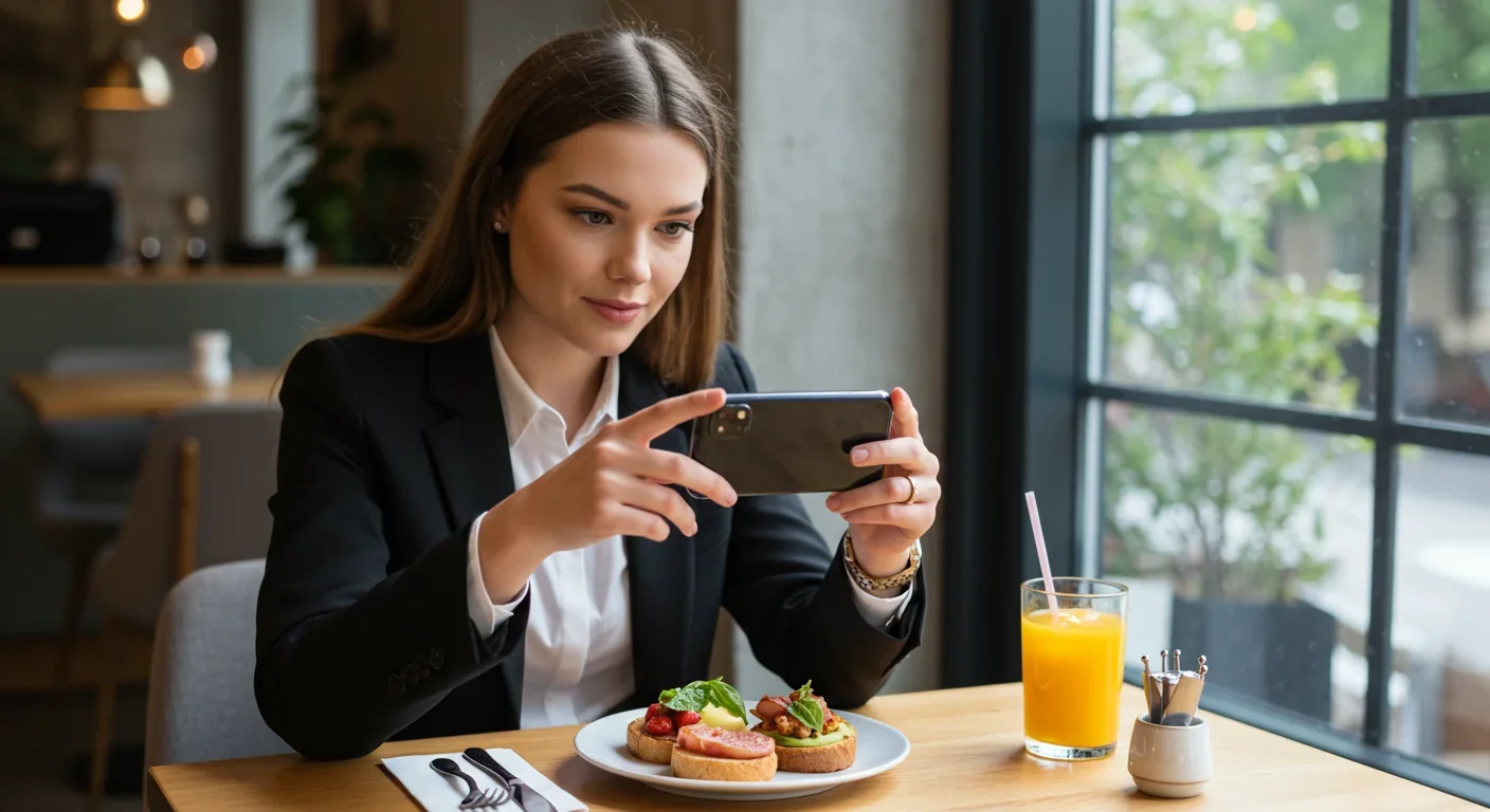 Woman photographing food for social media, demonstrating digital-age costly signaling