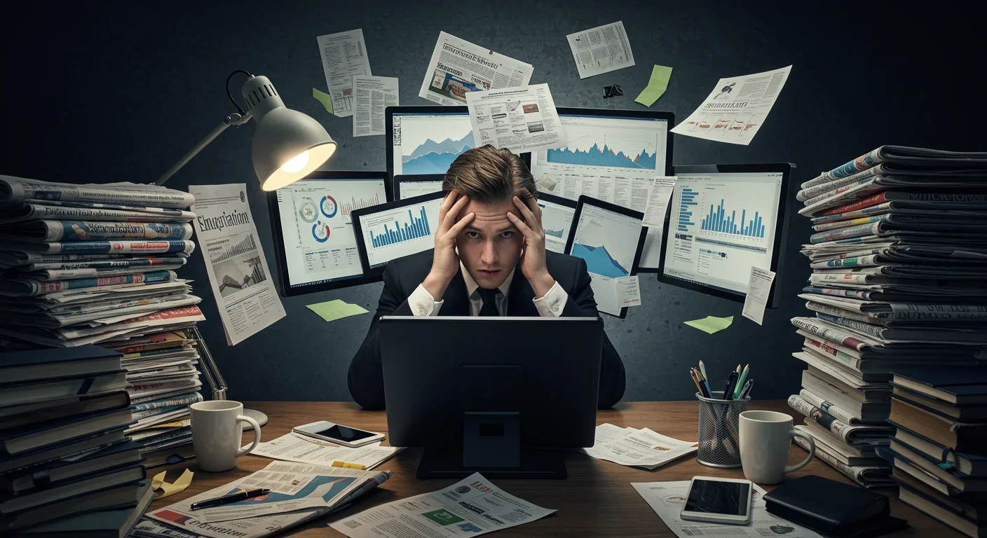 Person surrounded by multiple devices and information sources looking overwhelmed