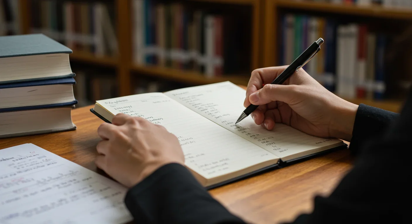 Hands writing detailed notes with source citations in notebook