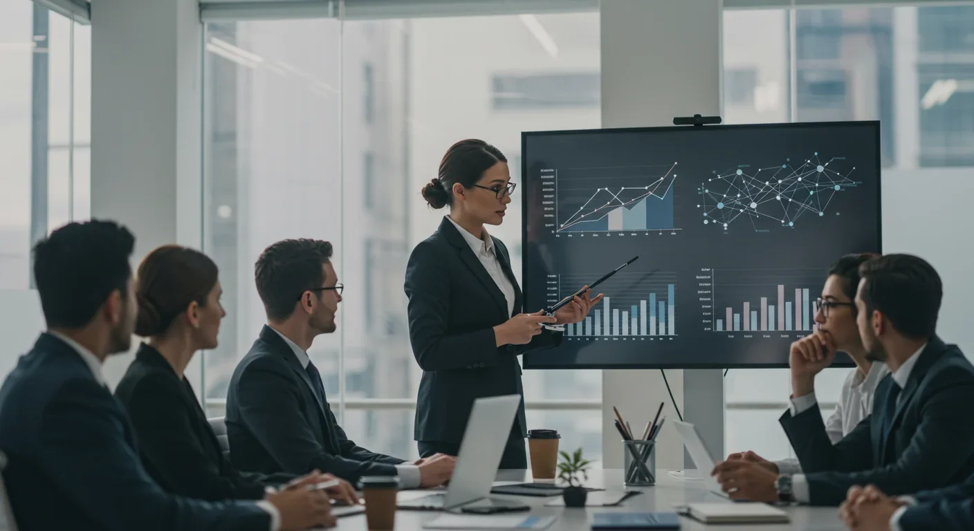 Business team analyzing network effect charts and innovation diffusion data in modern office meeting