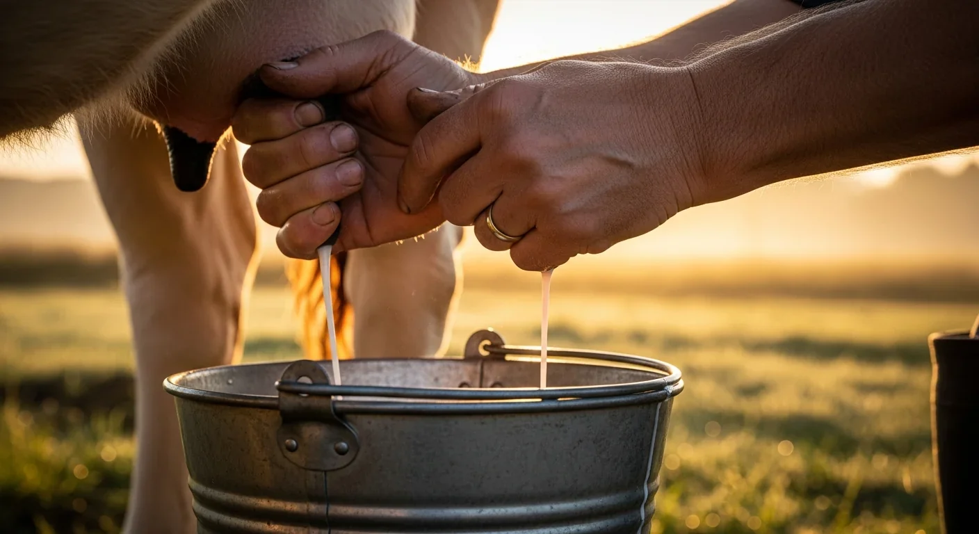 Farmer's hands milking a cow at sunrise showing traditional dairy farming practices