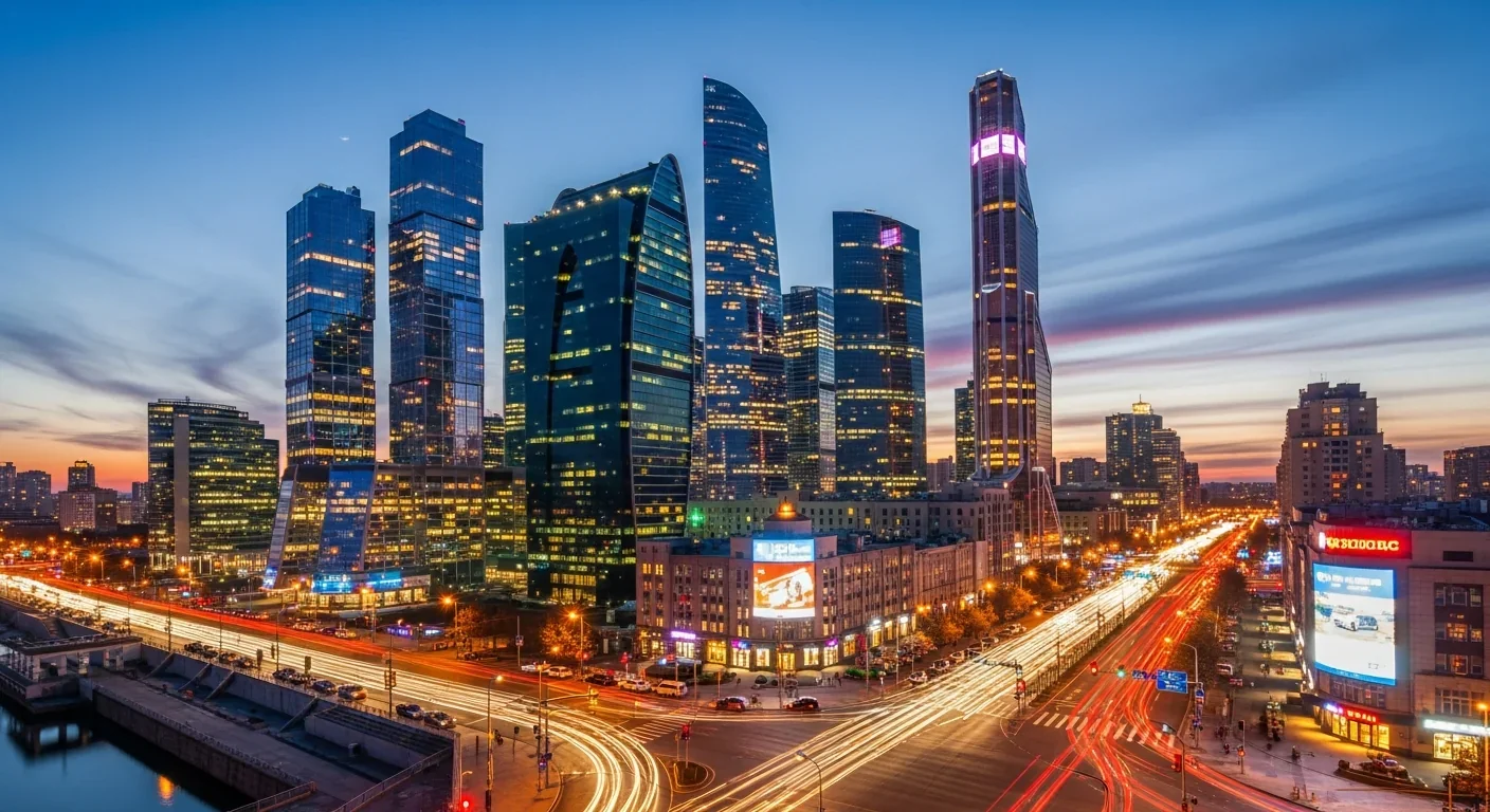Modern city skyline at dusk showing human-built environments as extended phenotypes