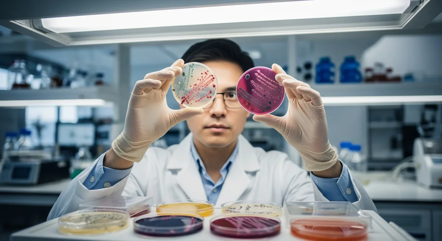 Scientist examining bacterial cultures in petri dishes for microbiome research