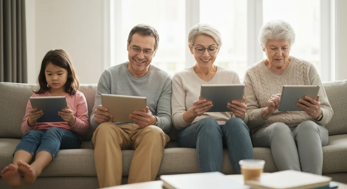 People of different generations using tablets together showing intergenerational technology adoption