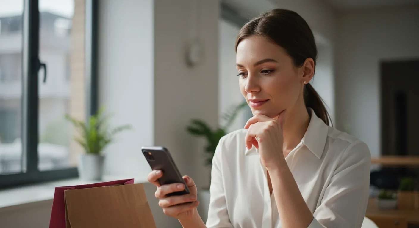 Woman carefully evaluating pricing options while shopping on smartphone