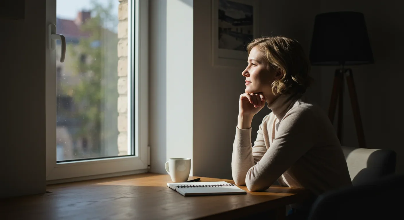 Person in quiet reflection gazing out window, demonstrating Default Mode Network activation during restful contemplation