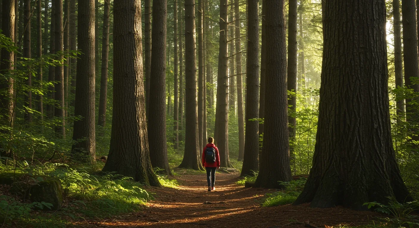 Solitary person walking mindfully through forest, demonstrating how nature and movement optimize Default Mode Network function