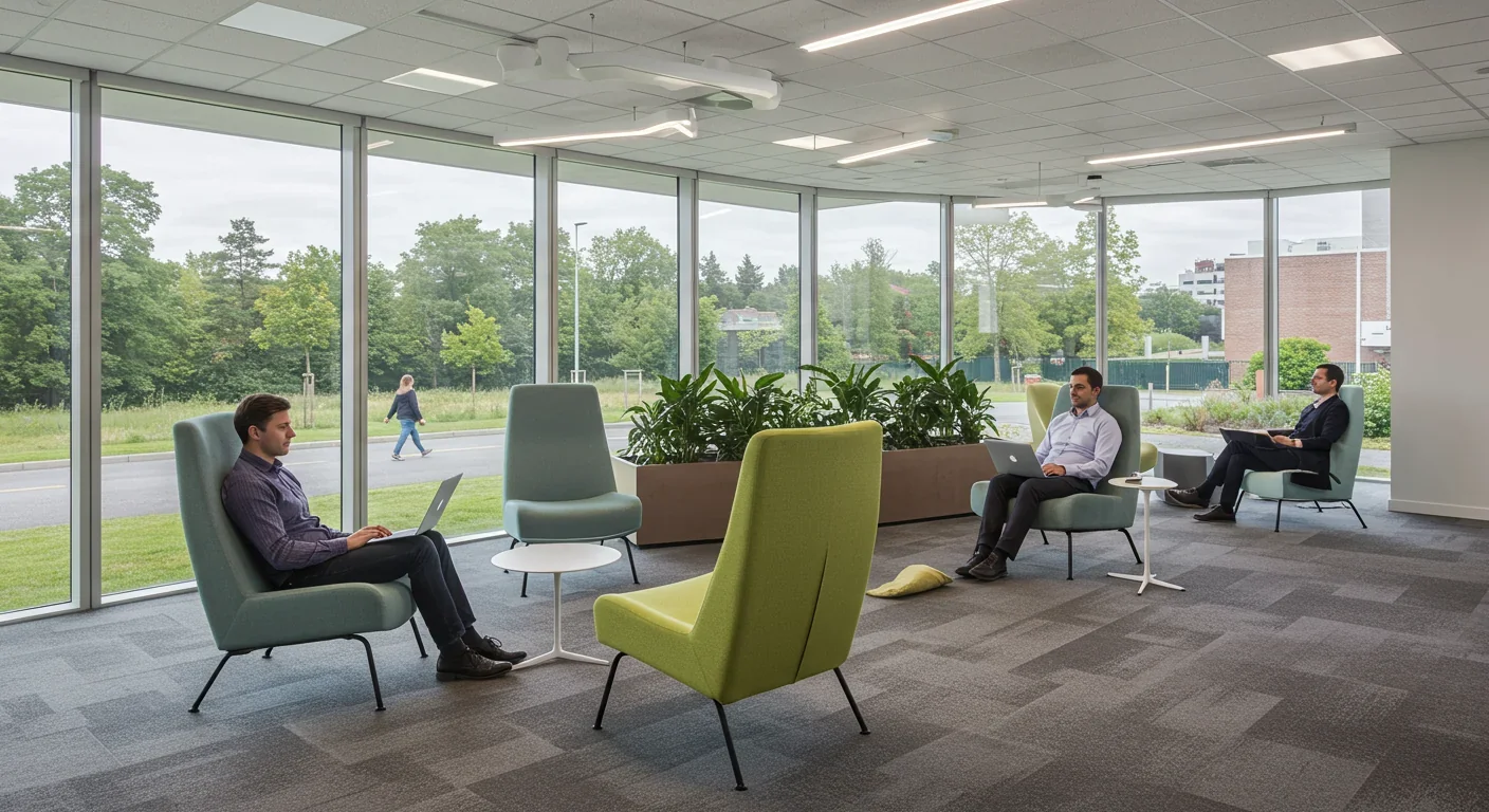 Modern office quiet zone designed for default mode network activation and creative thinking through strategic rest