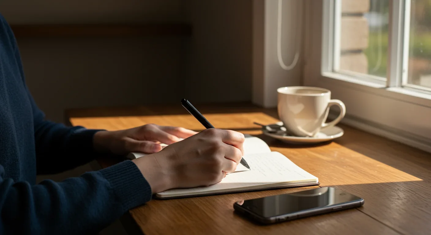 Person journaling in peaceful solitude to engage the default mode network for self-reflection and creativity