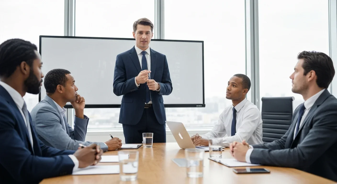Confident professional presenting to colleagues in modern office meeting