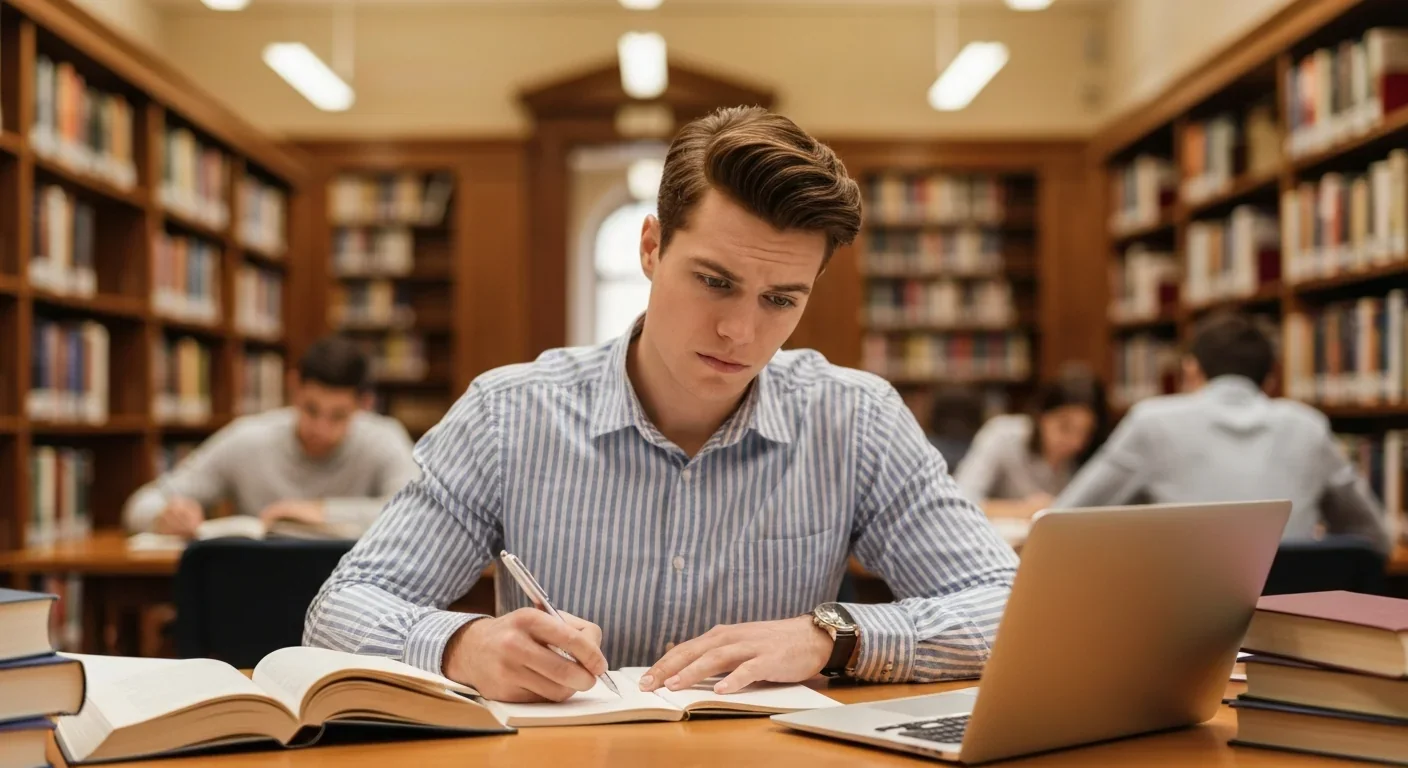 Adult student evaluating their own understanding while studying in library