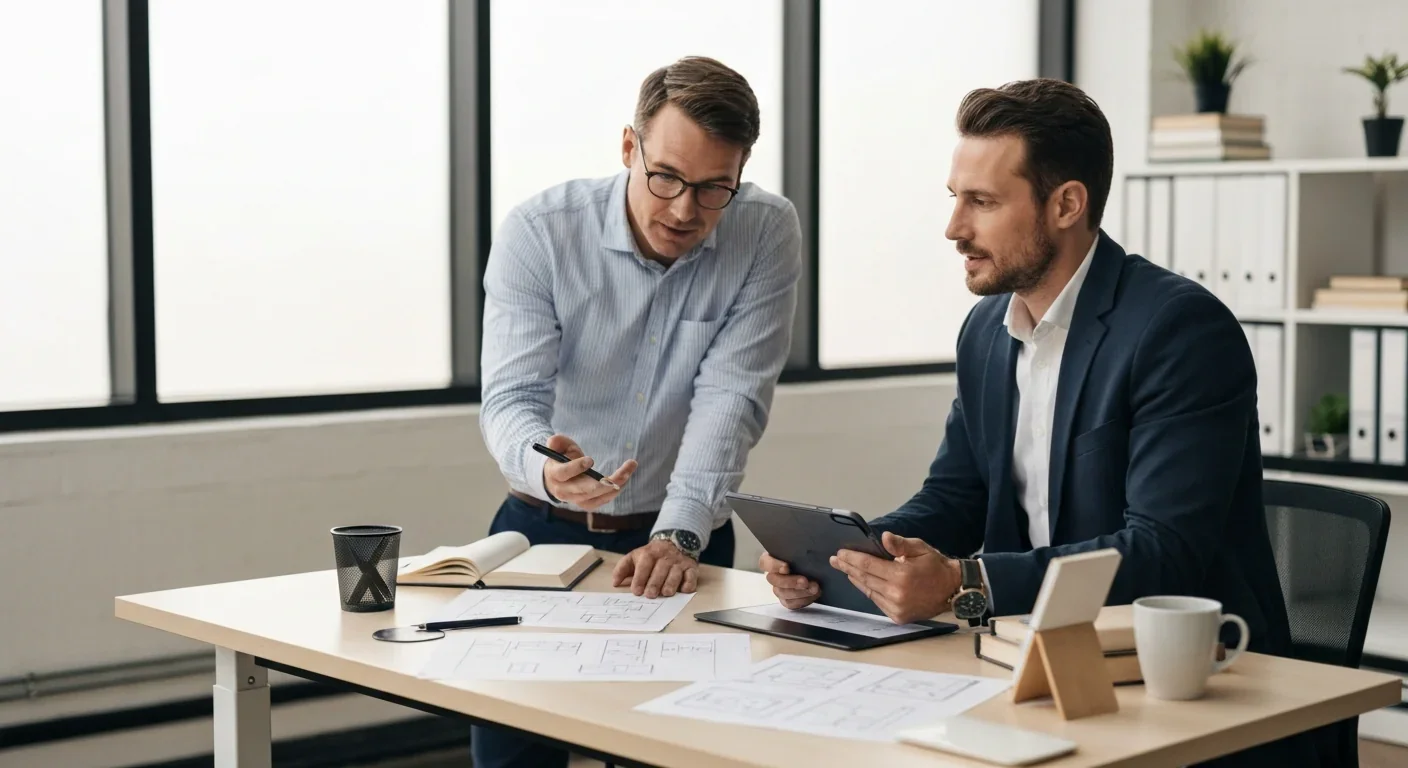 Designer and client collaborating on UX project in modern workspace