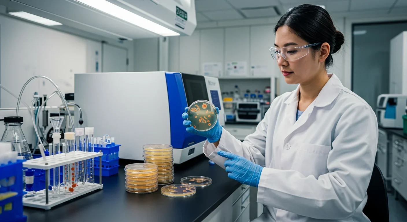 Scientist examining bacterial cultures in laboratory studying antibiotic resistance and evolutionary adaptation